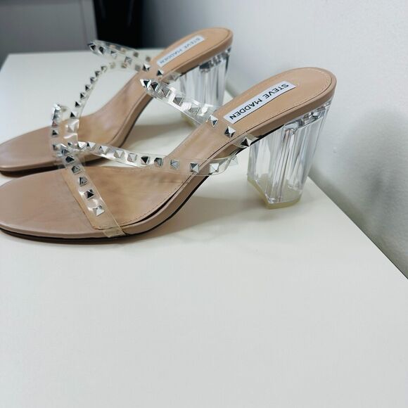 Steve Madden Nude Lucite Tangent Cone Heel Clear Silver Studded Strappy Sandal 9 - Picture 10 of 16